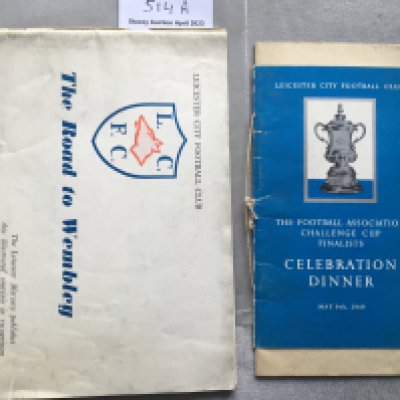 1949 Leicester City FA Cup Final Football Menu: Held at The Bell Hotel Leicester 9 days after the final. String still intact and nice caricatures inside. C/W The Road To Wembley booklet published by the Leicester Mercury which has a split spine. (2)