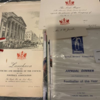 Football Dinner Menu + Invitations: Wales FA 1951 in London with invite, name place and list of guests, Invitation the 1994 World Cup draw in New York, 9 Football Writers dinners, 2008 Champions League Final menu, Chelsea + Manchester United related menus and more. (27)