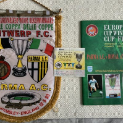 Monaco Exchange Football Pennant: Almost certainly given by A.S. Monaco to an opposition team. Very likely to be a UEFA Cup match around 1980. Very large expensively engraved in gold. 21 inch long material. Nice item.