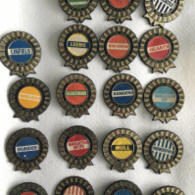 Tudor Crisps Rare Large Football Badges: 19 from the set of 20 only lacking Everton. 2 of the 3 inch badges do not have pin to rear. Very hard to find. (19)