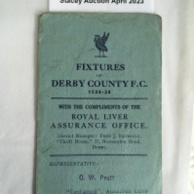 34/35 Derby County Football Fixture List: Four pager listing first team fixtures with many results filled in with pencil. Fair with repair to spine.