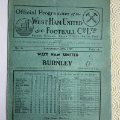 37/38 West Ham v Burnley Football Programme: Good condition league match with no team changes. Pencilled score to cover.