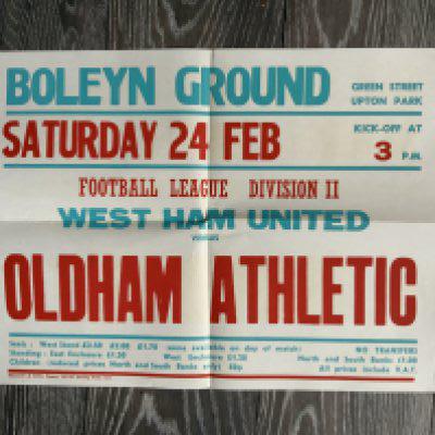 78/79 West Ham v Oldham Advertising Football Poster: Excellent condition folded into 4 measuring 20 x 15 inches. Dated 24 2 1979.