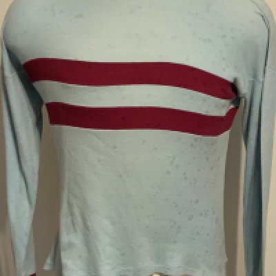 1970 West Ham Original Football Shirt: Iconic blue with the two claret hoops. Label fading but can make out the word sportswear and we imagine this is a size large with long sleeves. Good condition with small mark between hoops to rear. Tiny tear to shoulder.