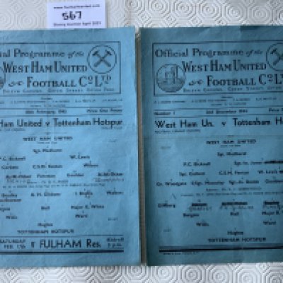 44/45 West Ham v Tottenham Football Programmes: Single sheets in fair/good condition with folding and team changes. Cup match 10 2 1945 and league match 2 12 1944 which has small tear to border. (2)