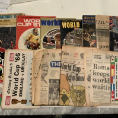 1966 World Cup Newspaper + Magazine Collection: Heavy box containing many newspapers magazines and a few books all relating to the World Cup. Includrs FA News, FA Bulletin and all the 12 Charles Buchan Football Monthlys for 1966. Quantity.