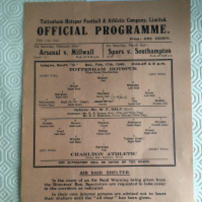39/40 Tottenham v Charlton Football Programme: Very good condition single sheet league match with one pencilled team change. Dated 17 2 1940 with light folding.
