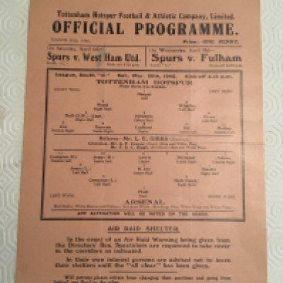 39/40 Tottenham v Arsenal Football Programme: Excellent condition single sheet league match with no team changes. Dated 30 3 1940.