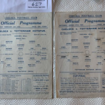 42/43 Chelsea v Tottenham Football Programme: Fair/good condition for both league and cup matches. Cup game has team changes. Folding. (2)
