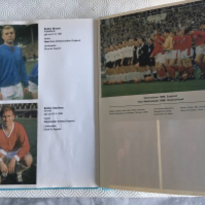 1966 World Cup Signed Football Card Album: Aral Fussball Album Weltmeisterschaft 1966. Not only signed by all 26 German players but also by the 10 other biggest names in the World Cup which include Bobby Moore, Bobby Charlton, Pele and Eusebio. If you are familiar with this hardbacked large card set, you will know there is a line up picture of both teams of the final, which is signed by hat trick goalscorer Geoff Hirst. Stunning, genuine, fully signed album.