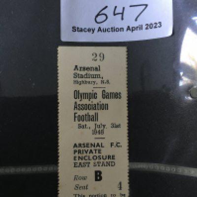 1948 Olympic Football Ticket At Arsenal: Great Britain v Netherlands which GB won in extra time after a thrilling 3-3 draw. Perforated both sides and states date and this portion to be retained. Rare item in good condition.