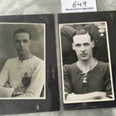 David Jack Arsenal + Bolton Football Postcards: Original postcards featuring David with arms folded in Bolton and Arsenal kit. He was the first winner of the FA Cup at Wembley in 1923. Arsenal postcard has light crease and has been stamped and has writing and a sticker to rear over a period of its 100 year history. (2)