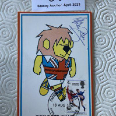 Alan Ball Signed 1966 World Cup Willie Postcard: Original unwritten postcard with FA 1966 to rear and stamped Cameo Stamps Ltd. WC Willie has first day of issue England Winners stamp 18 8 1966 and is hand signed by Ball.