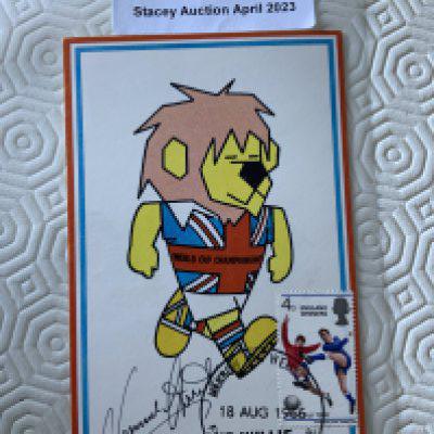 Norman Hunter Signed 1966 World Cup Willie Postcard: Original unwritten postcard with FA 1966 to rear and stamped Cameo Stamps Ltd. WC Willie has first day of issue England Winners stamp 18 8 1966 and is hand signed by Hunter.