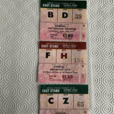 74/75 Arsenal Home Football Tickets: League matches in very good condition with light fold v Tottenham Stoke and Coventry. (3)