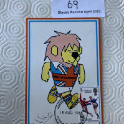Ray Wilson Signed 1966 World Cup Willie Postcard: Original unwritten postcard with FA 1966 to rear and stamped Cameo Stamps Ltd. WC Willie has first day of issue England Winners stamp 18 8 1966 and is hand signed by Wilson.
