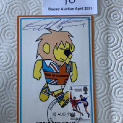 Geoff Hurst Signed 1966 World Cup Willie Postcard: Original unwritten postcard with FA 1966 to rear and stamped Cameo Stamps Ltd. WC Willie has first day of issue England Winners stamp 18 8 1966 and is hand signed by hat trick hero Hurst.