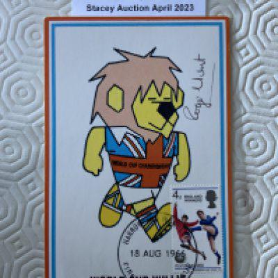 Roger Hunt Signed 1966 World Cup Willie Postcard: Original unwritten postcard with FA 1966 to rear and stamped Cameo Stamps Ltd. WC Willie has first day of issue England Winners stamp 18 8 1966 and is hand signed by Hunt.