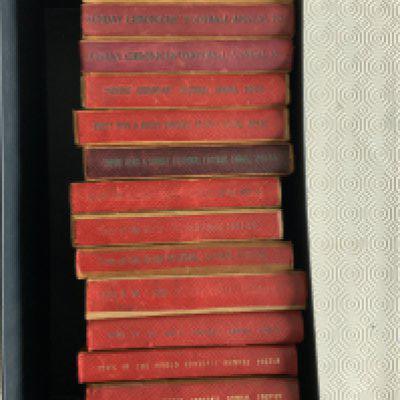 Leather Bound News Of The World Football Annuals: Near complete run from 52/53 to 69/70, unusual in this format with hardback covers. Good. (15)