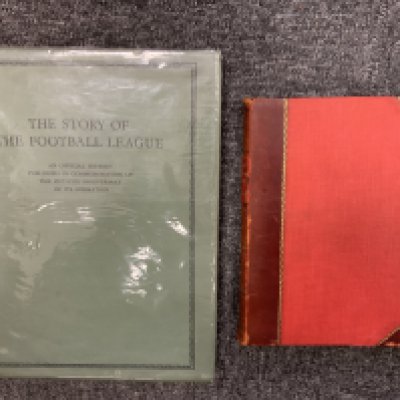 Pre War Football Books: Story of the Football League 1888 - 1938 which has a nice dust jacket with small tear. C/W List of International Players 1872 - 1932. Both hardback are good with information that is a bit scarce. (2)