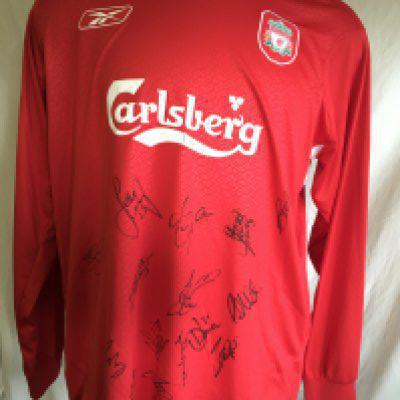 Liverpool 2006 FA Cup Winners Signed Football Shirt: Obtained for vendor by his friend Hamann who got the shirt from kit man but unlikely to have been worn as no badging to arms. Rear has Hamann number 16. Front is signed by 15 players