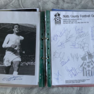 Football Autograph Folder: Undedicated autographs on programmes and photos to include Shearer, Coppell, Thompson, J Charlton, Hurst, Adams, Macari, Bond, Lyall, E Hughes, Hoddle and more to include a hand signed Notts County team on headed paper.