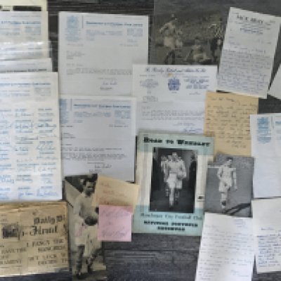 Manchester City Signed Football Memorabilia: Scrapbook with headline 1956 FA Cup Winners and inside cuttings from various publications with 30 signatures. 1956 Road To Wembley brochure with 16 signatures inside. A few signed letters to include 1933 Finalists Toesland and Dale plus one from Peter Swales. 5 autograph pages with 19 autographs not back to back to include Corrigan, Summerbee, Barnes, Tueart and Bell. Few other City related items included printed autograph sheets and a distressed 1933 Cup Final newspaper signed to Ian by Matt Busby.
