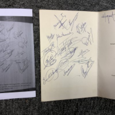 1960 Real Madrid Signed Football Menu: Nice menu from the Midland Hotel, Manchester around the time of the match at Man Utd in October 1960. Signed clearly in biro by 16 players to include Puscas, Gento and Di Stefano. A separate signature map is included and 14 are identified. C/W other memorabilia relating to this great team including book and programme for aforementioned match.