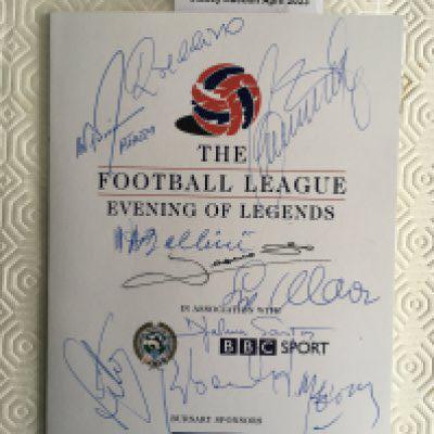 Signed Football Menu: Football League Evening of Legends from the late 90s. Signed to cover by famous foreign footballers who attended this prestigious event. 9 autographs include Leonardo, Rivelino, Wilson Piazza, Zito, Bellini, Djalma Santos, Menotti, Sepp Maier, Rainer Bonhof and Harold Toni Schumacher.
