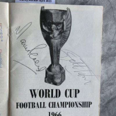 1966 England World Cup Signed Brochure: Evening Standard 48 page guide to the World Cup signed inside by winning goal scorers Hurst and Peters. Autographs are on page with picture of the World Cup so would look good framed.