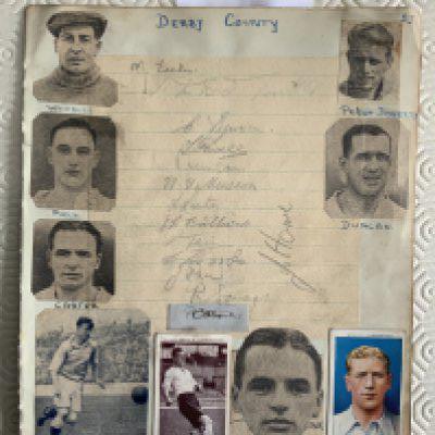 1940s Derby County Football Autographs: 13 pencilled autographs on lined paper then stuck down in the day with players pictures. Includes some 1946 FA Cup winners.