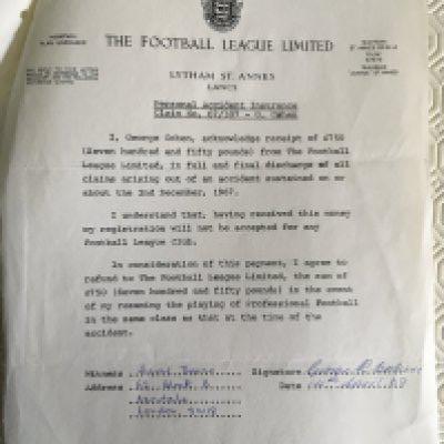 George Cohen Fulham Signed Football League Letter: Interesting letters regarding the injury the World Cup winner received in 1967 playing for Fulham which ended his career. First letter is from Fulham stating they have received 20,000 pounds from the Football League. Second letter is from George Cohen and signed by him regarding a pay off of 750 pounds. Both amounts to be paid back if Cohen manages to resume his career. (2)
