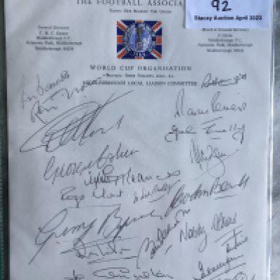 England 1966 World Cup Squad Signed Headed Paper: Incredibly rare genuine autographs on the Middlesbrough World Cup Committee headed paper on embossed World Cup logo paper. Dr Philips and 20 of the squad have hand signed in black biro. Of the 22 squad only Bobby Moore and Jimmy Armfield have not signed. Must view.