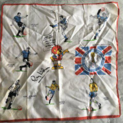 1966 Football World Cup Signed Handkerchief: Previous winners, World Cup Willie and World Cup logo make this an attractive item. Hand signed in marker pen by Ray Wilson.