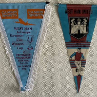 West Ham Football Pennants: Official away transport by Camkin for 1976 Eintracht Frankfurt ECWC semi final plus a 1960s one stating 1964 FA Cup and 1965 ECWC winners. (2)