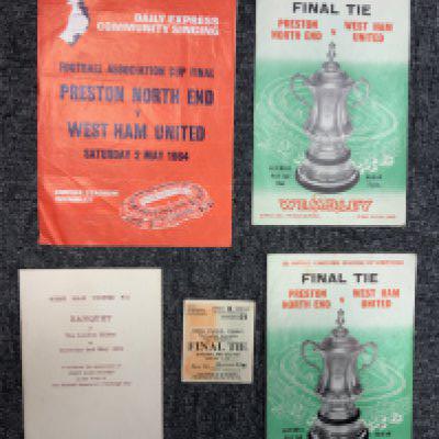 West Ham 1964 FA Cup Football Memorabilia: List of guests for the Hilton the evening of the match, 7 newspapers, 2 final programmes, ticket and song sheet.