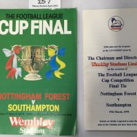 1979 League Cup Final Programme + Menu: Nottingham Forest v Southampton programme and luncheon menu which includes table plan and list of guests. Good. (2)