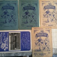 1950s Millwall Home Football Programmes: 54/55 Walsall, Colchester, 55/56 Coventry, Brentford and 56/57 Aldershot. Very good. (5)