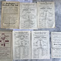 1940s Darlington Home Football Programmes: 43/44 Gateshead league and Tyne + Wear semi final both folded with small tears, 44/45 and 49/50, 44/45 York Tyne + Wear cup. C/W 45/46 Barnsley v Tom Robinson Select X1 and 48/49 New Brighton v Mansfield. Good unless stated. (7)