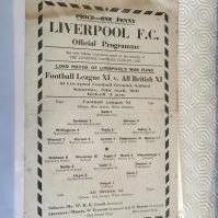 40/41 Football League v All British Football Programme: Single sheet in fair condition with no team changes. Played at Anfield Liverpool. Fold, mark and a couple of tiny tears to border. Lots of famous players including Busby Cullis Lawton and Swift.