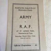 44/45 Army v RAF Football Programme: Four pager in excellent condition with no team changes. Played at Newcastle with lots of famous players including Mortensen and Matthews.