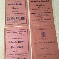 Dulwich Hamlet Pre War Home Football Programmes: 34/35 Clapton, 35/36 Corinthian Casuals, 37/38 Woking plus a 46/47 Romford. Good with instructions to sell. (4)