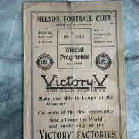 1923 - 1924 Nelson v Leicester City Football Programme: Fair condition with no team changes. Heavy fold. Stain throughout programme and small split on spine.