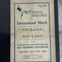 1926 England v Scotland Football Programme: Played at Manchester United. Fair/good condition after extensive professional repair. No team changes. Please note there are 2 official versions of this programme. One focusing on Manchester United and this one which features more about the teams playing.