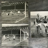 1963 FA Cup Final Football Press Photos: 10 x 8 inch photos with press stamps and annotations to rear. Two feature Manchester Uniteds Herd scoring, the other Herd and Law walking off the Wembley pitch with medals. (3)