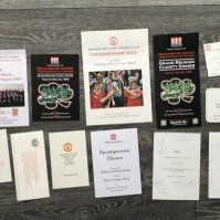 Manchester United Signed Football Menus: 9 menus mainly from the 90s to celebrate FA Cup winners 1994, 1968 Reunion, David Meek or charity events. A few have tickets and some are signed to include Meek, Beckham and others.