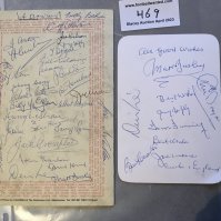 Manchester United Matt Busby Birthday Signed Menu: Held in 1989 by the Association of Former Manchester United Players for the 80th Birthday Celebrations of Matt Busby. Signed to rear of menu by lots of Man Utd stars and a few other guests to include Joe Mercer and Tom Finney. Over 30 autographs to include Busby Law Crompton McShane Foulkes Carey Pearson Dawson Mitten and Fielding. C/W ticket for event with blank reverse signed by Busby Finney Charlton Law and Murphy (2)