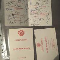 Manchester United 1st Reunion Signed Dinner Menu: Held in 1986 by the Association of Former Manchester United Players and was the debut for this event. Signed inside by Busby Viollet Foulkes Olive Wood Stepney Mitten Atkinson Crompton and 20 others. C/W spare unused menu and ticket which was former property of Denis Viollet. (3)