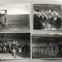 1945 Chelsea v Moscow Dynamo Football Press Photos: Original press photos with stamps and annotations. Features Dynamo being introduced to officials, Coming out the tunnel and match action with a great view of the Stamford Bridge ground. (4)