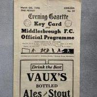 47/48 Middlesbrough v Chelsea Football Programme: Fair condition 4 pager with no team changes for league match. Light fold and tiny tape mark inside. C/W Chelsea away at Derby from the same season. (2)